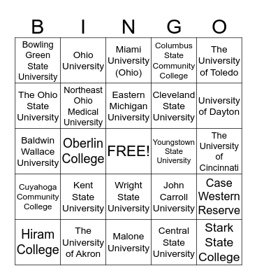 University Bingo Card