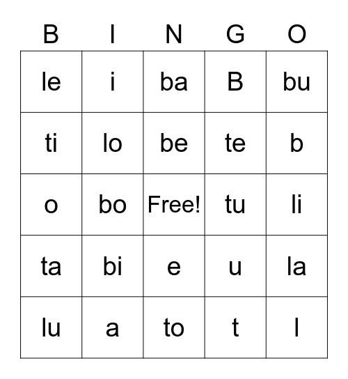 Short Vowel blends with B, T, and L Bingo Card