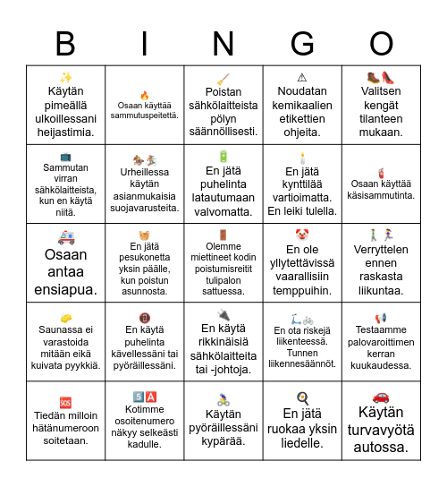 Turvallisuus Bingo Card