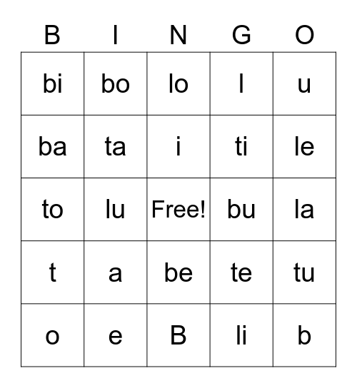 Short Vowel Blends with B,T,and L Bingo Card