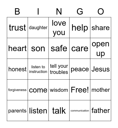 Open Up to Your Parents! Bingo Card