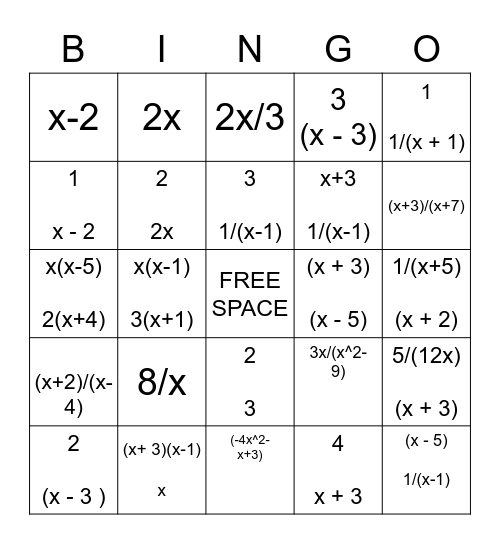 RATIONAL EXPRESSIONS BINGO Card