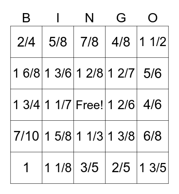 Fraction Bingo Card