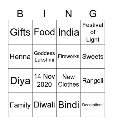 Diwali2020 Bingo Card