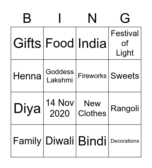 Diwali2020 Bingo Card