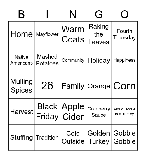 Thanksgiving Bingo Card