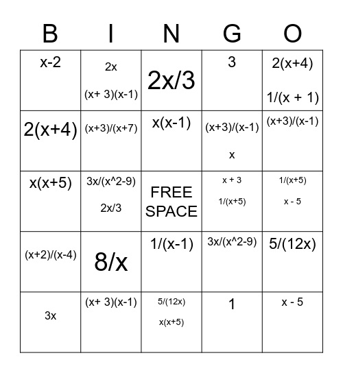 RATIONAL EXPRESSIONS BINGO Card