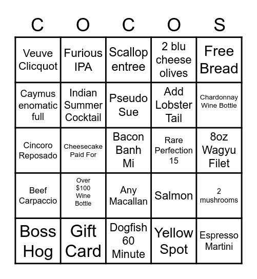 Coco's Bingo Bango Baby! Bingo Card