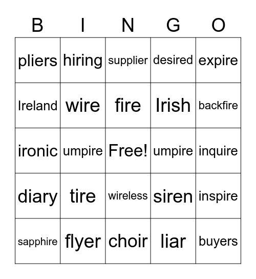 "ire" words Bingo Card