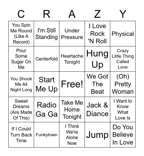 80's Songs Round 2 Bingo Card