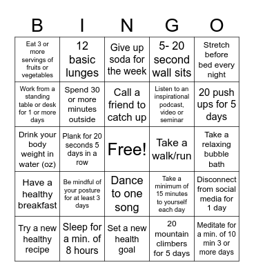 Wildcat Wellness Bingo Card