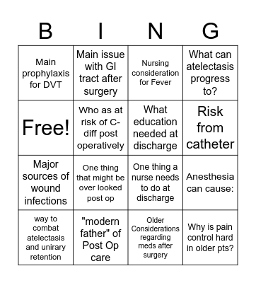 Post-op Bingo Card