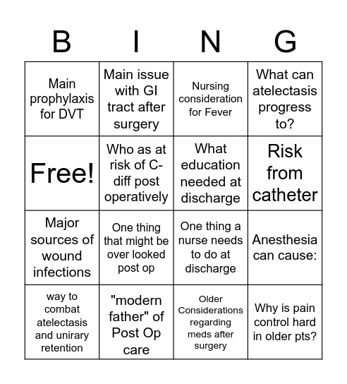 Post-op Bingo Card