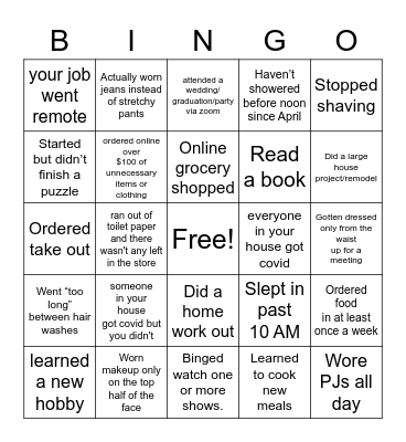 Quarantine Bingo Card
