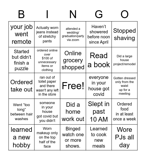 Quarantine Bingo Card