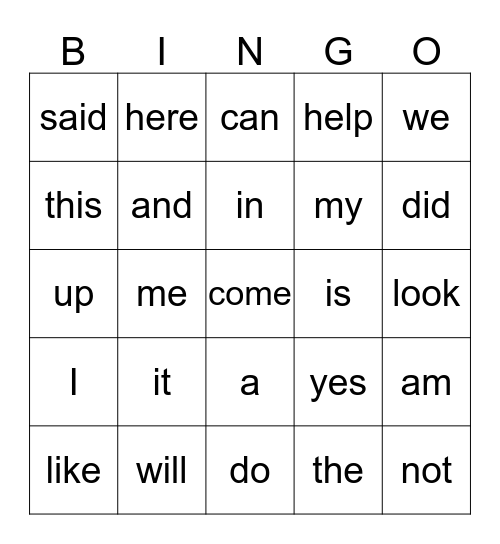 Sight Word List A Bingo Card