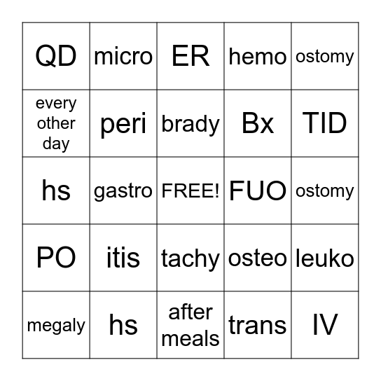 Medical Terminology Bingo Card