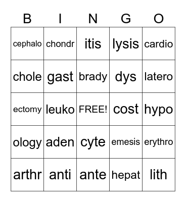 Medical Terminology  Bingo Card