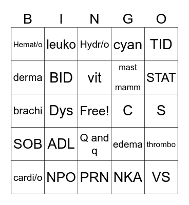 medical terminology Bingo Card