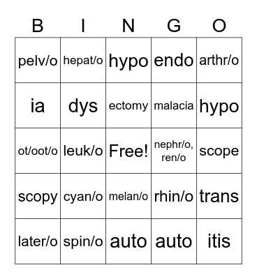 Medical Terminology Bingo Card