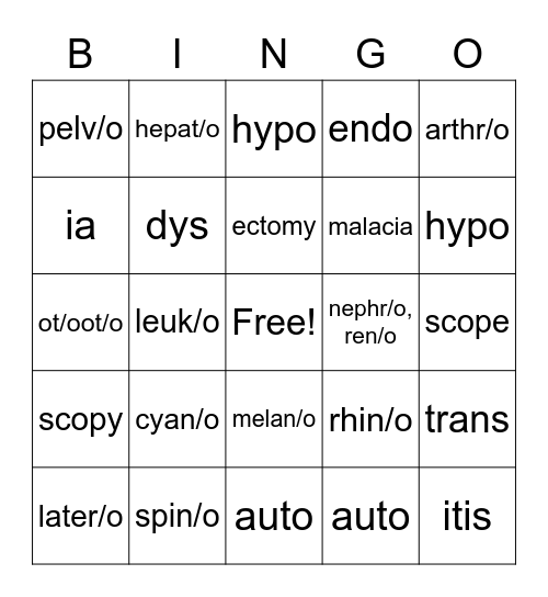 Medical Terminology Bingo Card