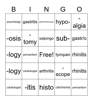 Medical Terminology Bingo Card