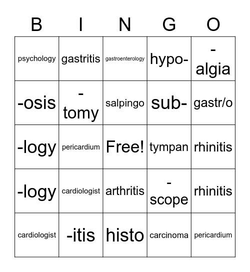 Medical Terminology Bingo Card