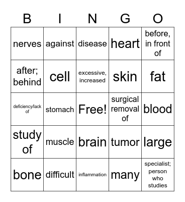 Medical Terminology Bingo Card