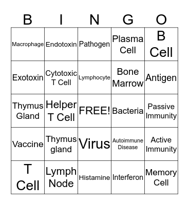 Immune System Bingo Card