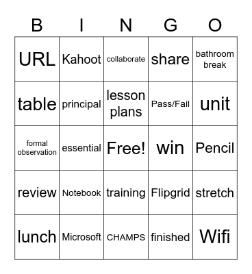 Teacher Stuff Bingo Card