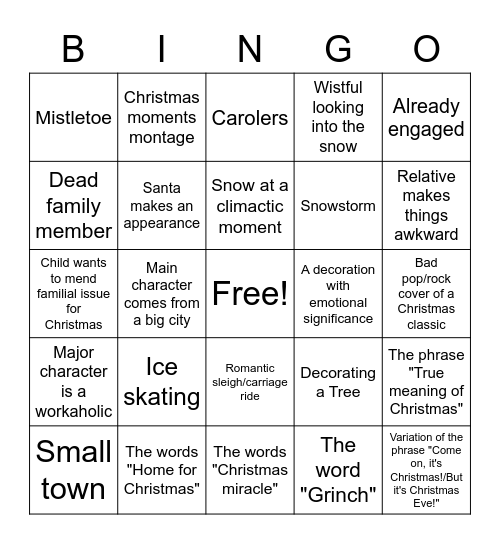 Hallmark Christmas Movie Bingo Card