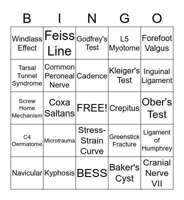 Lower Body Bingo Card