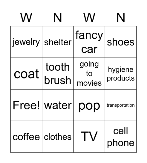 Wants vs. Needs Bingo Card