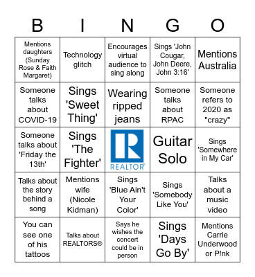 RPAC Major Investors - Keith Urban Concert Bingo Card