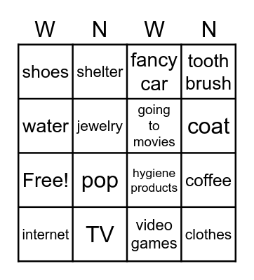 Wants vs. Needs Bingo Card