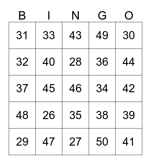 26-50 Hindi Counting Bingo Game Bingo Card