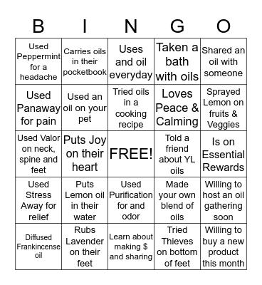 Essential Oil Fun Bingo Card