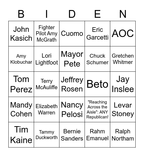 The Biden Cabinet Bingo Card