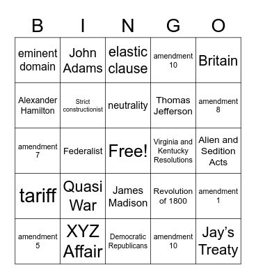 Presidencies of Washington and Adams Bingo Card