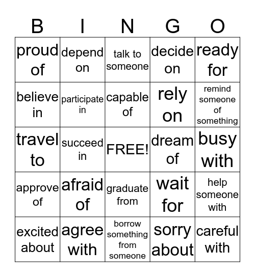 Unit 8: Collocations w/ prepositions Bingo Card