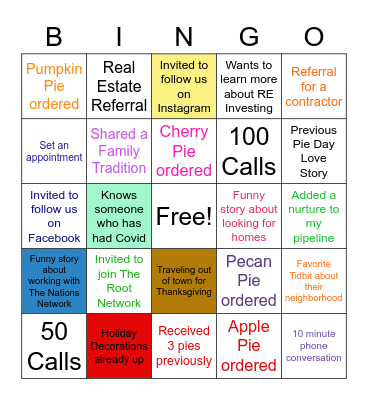 Nations Network Pie Calls Bingo Card