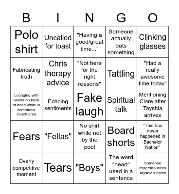 Bachelorette Episode 4 Bingo Card