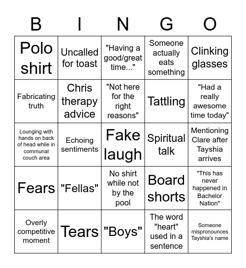 Bachelorette Episode 4 Bingo Card