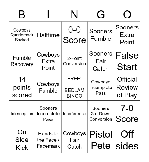 Bedlam Bingo Card