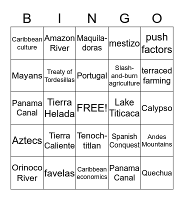 Latin America  Bingo Card