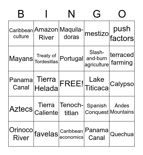 Latin America  Bingo Card