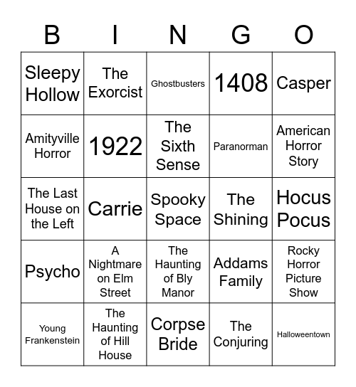 Halloween Movies and Shows Bingo Card