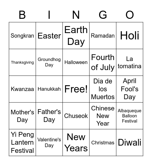 World Holidays Bingo Card