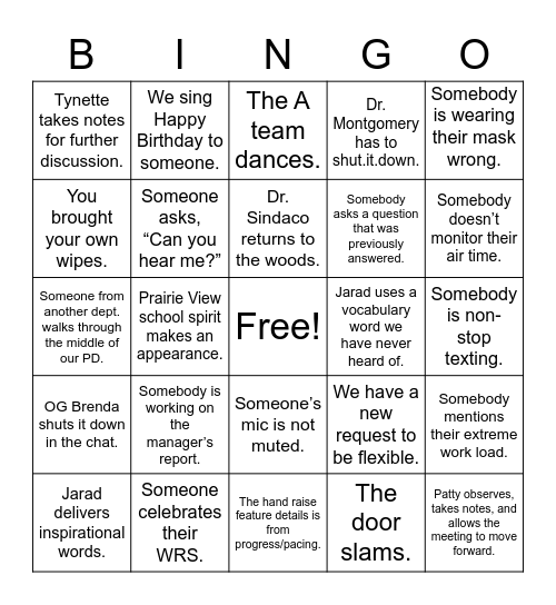 Wednesday Wrap Mania Bingo Card