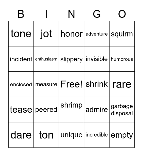 THE INCREDIBLE SHRINKING KID Bingo Card